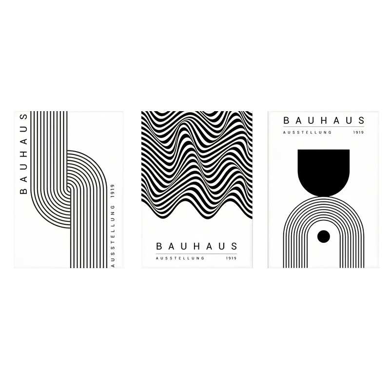 Set de 3 affiches en toile BAUHAUS GEOMETRIQUE NOIR ET BLANC