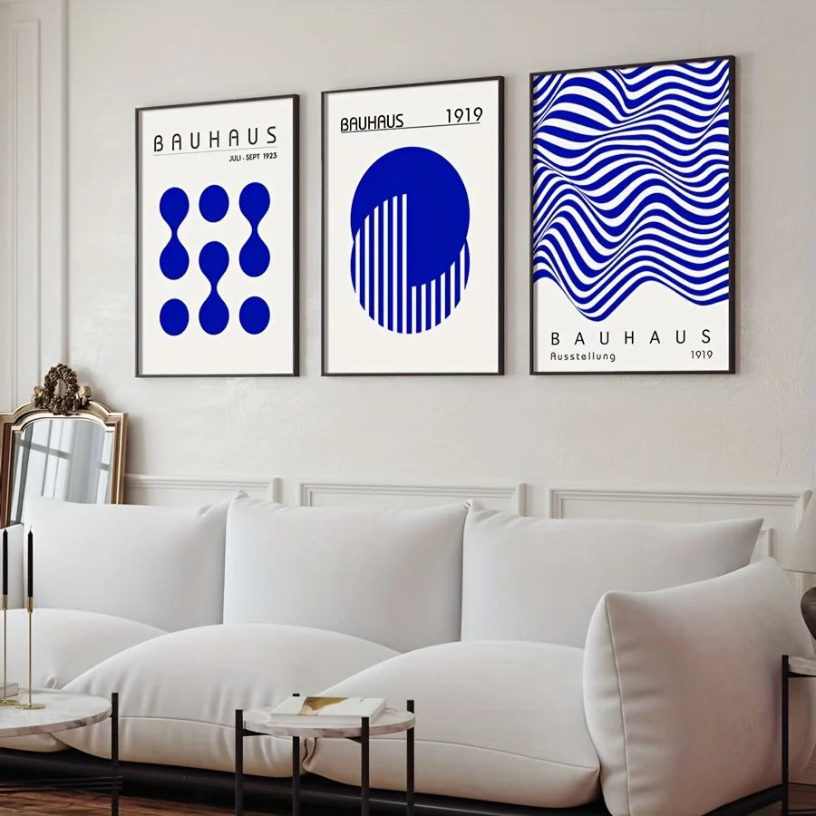 Set de 3 affiches en toile BAUHAUS RETRO BLEU