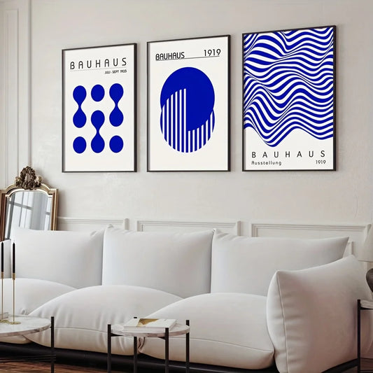Set de 3 affiches en toile BAUHAUS RETRO BLEU