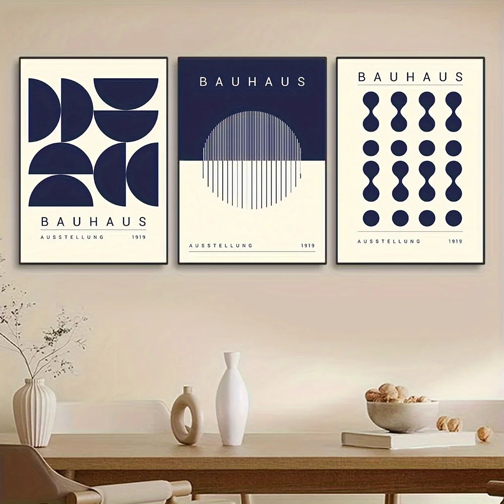 Set de 3 affiches en toile BAUHAUS BLEU GEOMETRIQUE