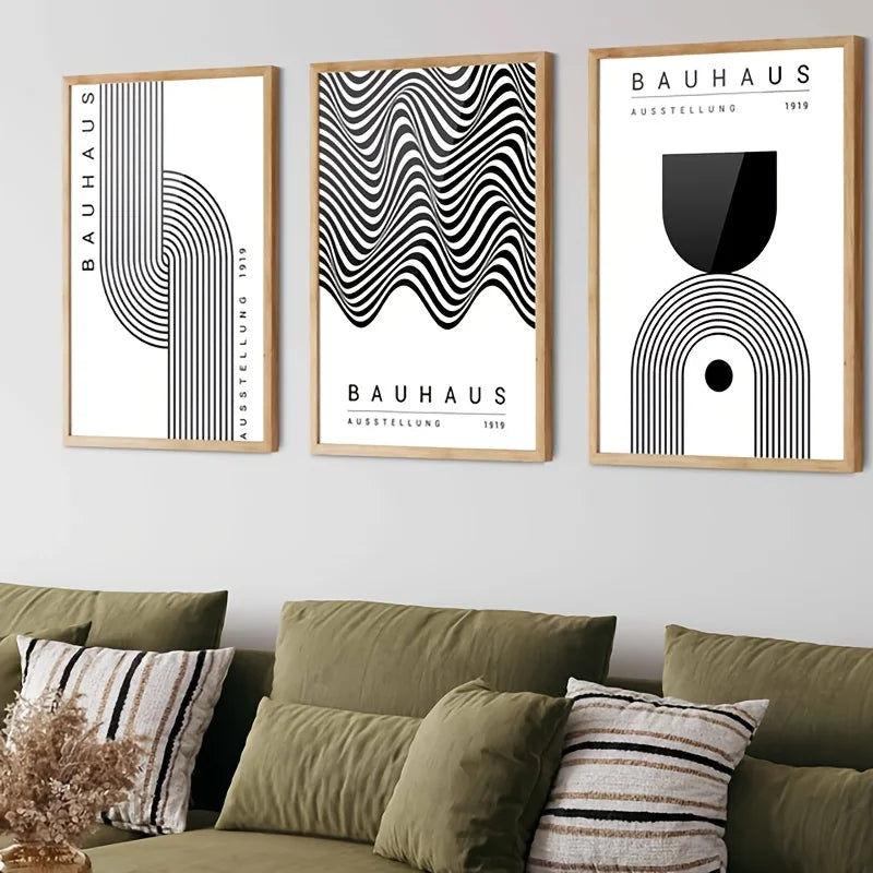Set de 3 affiches en toile BAUHAUS GEOMETRIQUE NOIR ET BLANC