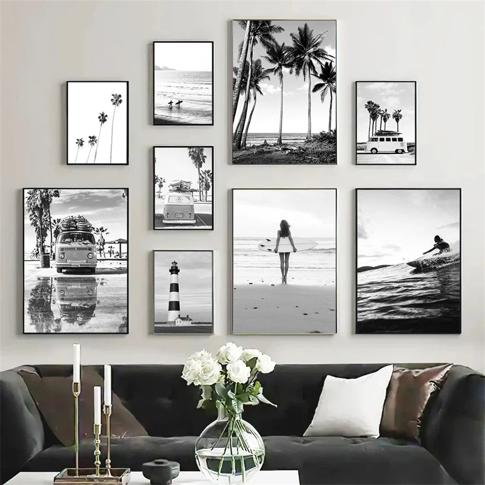 Affiche en toile noir et blanc SURFING BUS