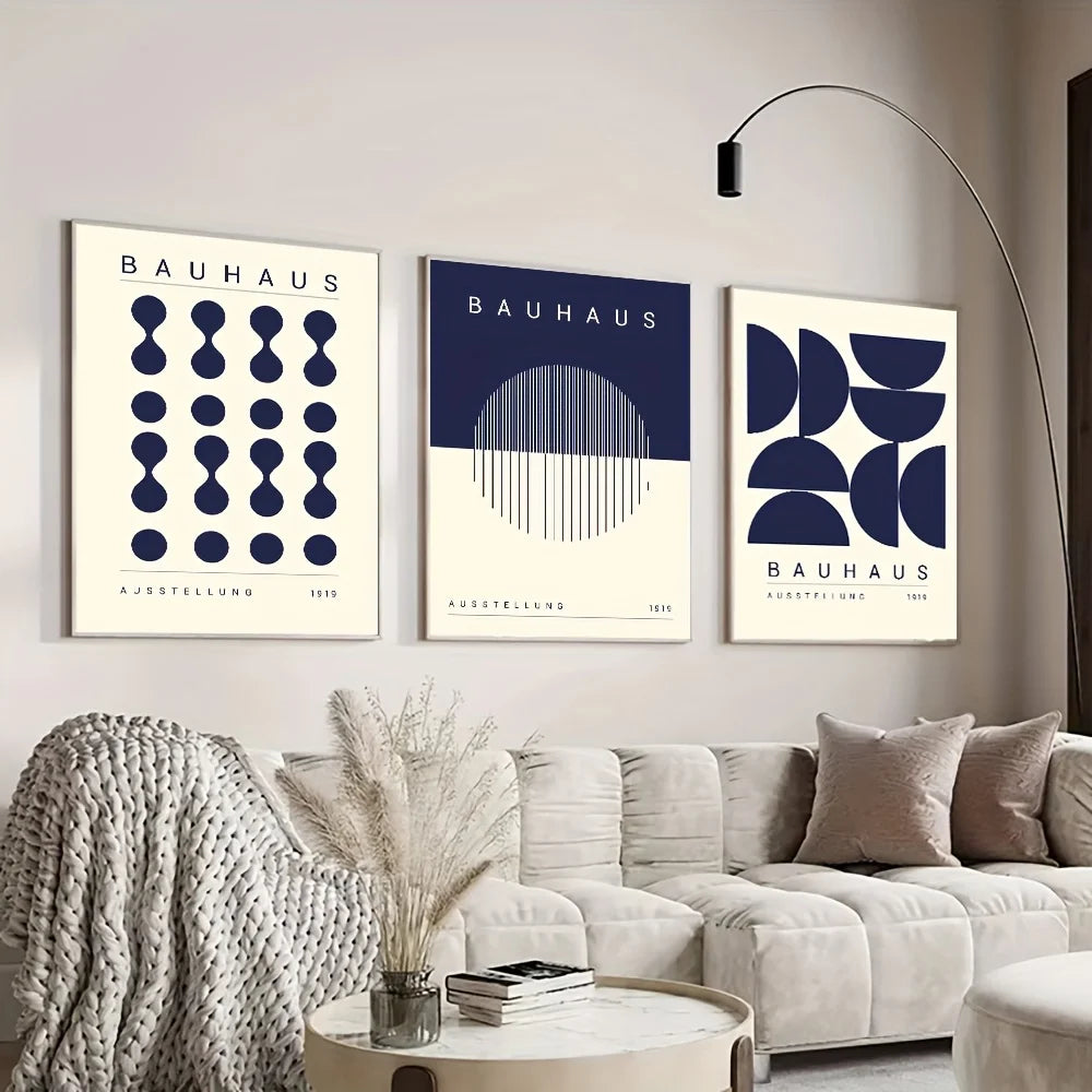 Set de 3 affiches en toile BAUHAUS BLEU GEOMETRIQUE