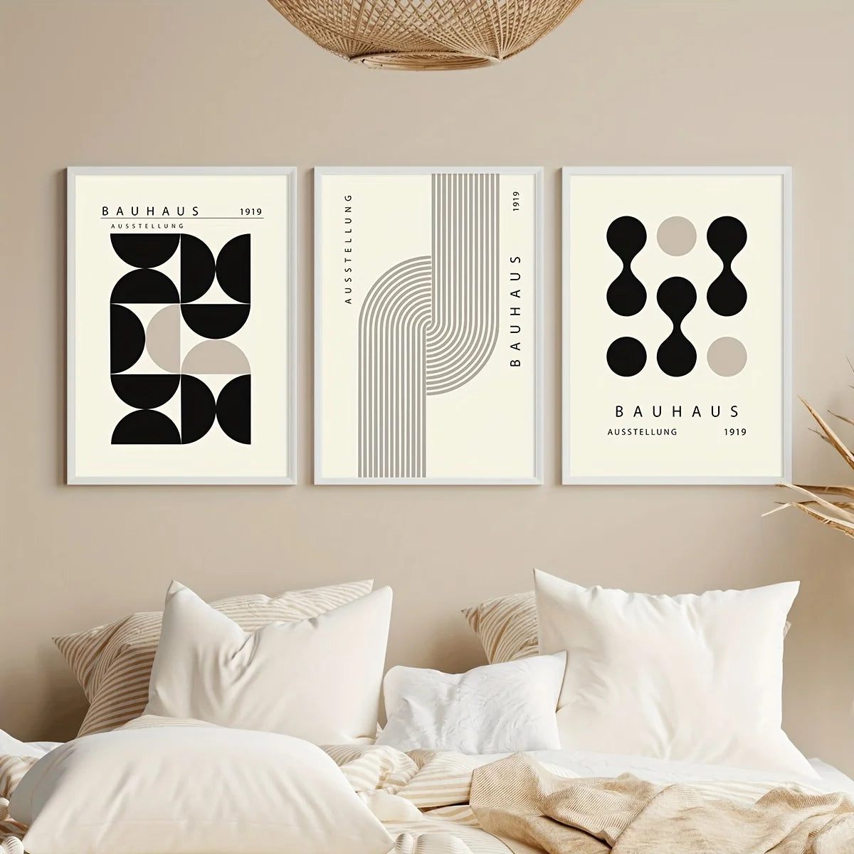 Set de 3 affiches en toile BAUHAUS NOIR ET BLANC MODERN GEOMETRIQUE MINIMALISTE
