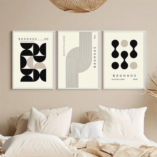 Set de 3 affiches en toile BAUHAUS NOIR ET BLANC MODERN GEOMETRIQUE MINIMALISTE