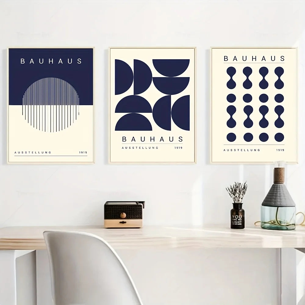 Set de 3 affiches en toile BAUHAUS BLEU GEOMETRIQUE