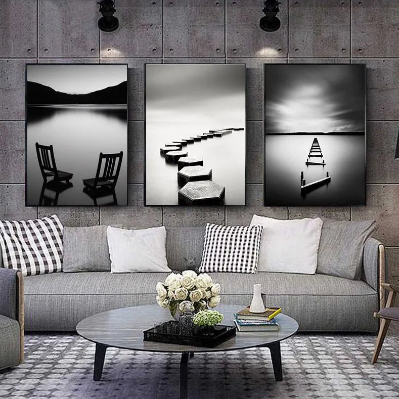 Affiche en toile noir et blanc AU BORD DU LAC