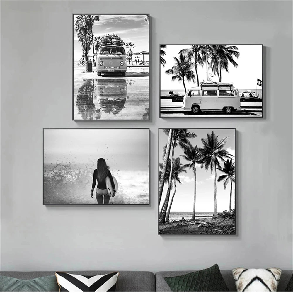 Affiche en toile noir et blanc SURFING BUS