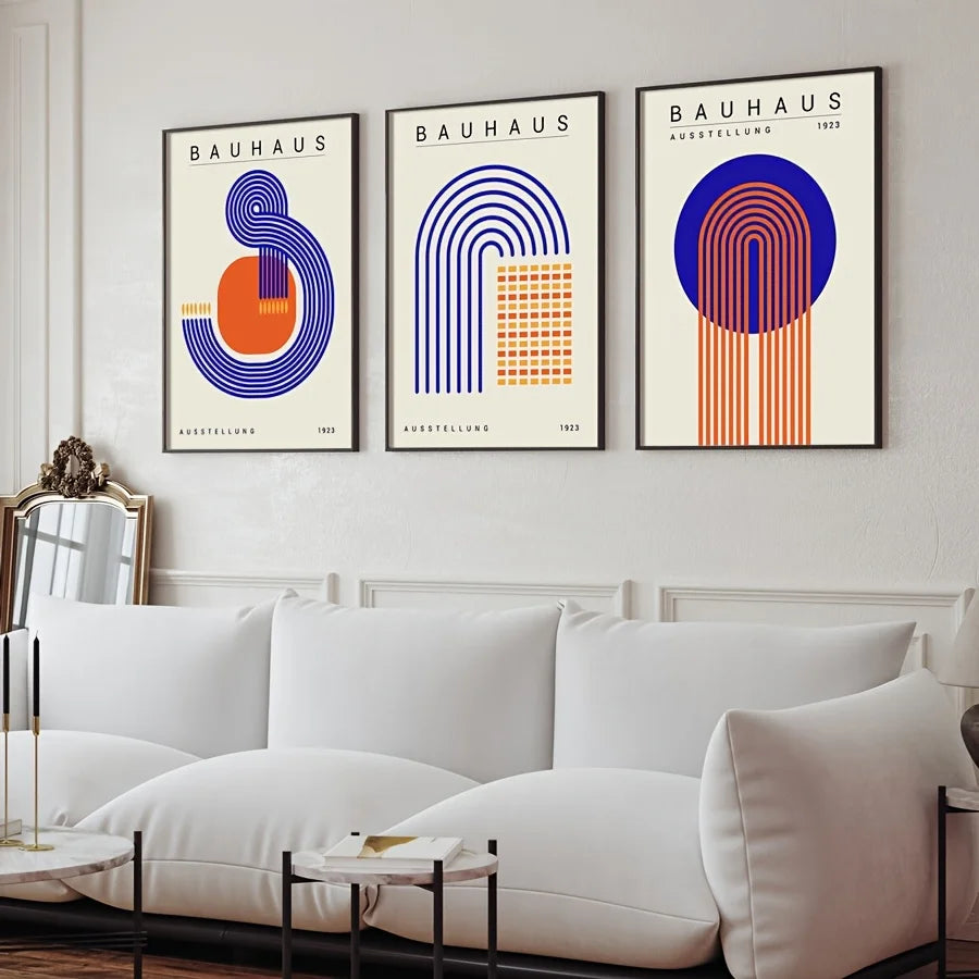 Set de 3 affiches en toile BAUHAUS BLEU ABSTRAIT