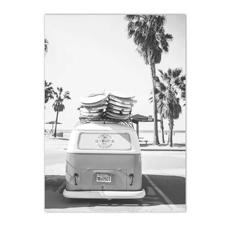 Affiche en toile noir et blanc SURFING BUS