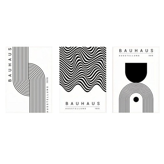 Set de 3 affiches en toile BAUHAUS GEOMETRIQUE NOIR ET BLANC