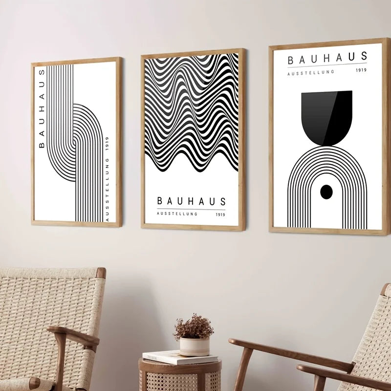 Set de 3 affiches en toile BAUHAUS GEOMETRIQUE NOIR ET BLANC