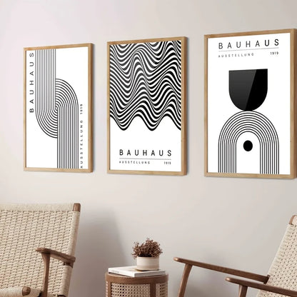 Set de 3 affiches en toile BAUHAUS GEOMETRIQUE NOIR ET BLANC