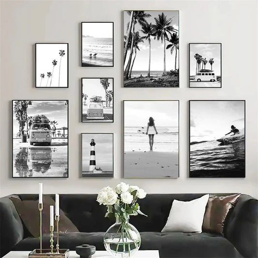 Affiche en toile noir et blanc SURFING BUS