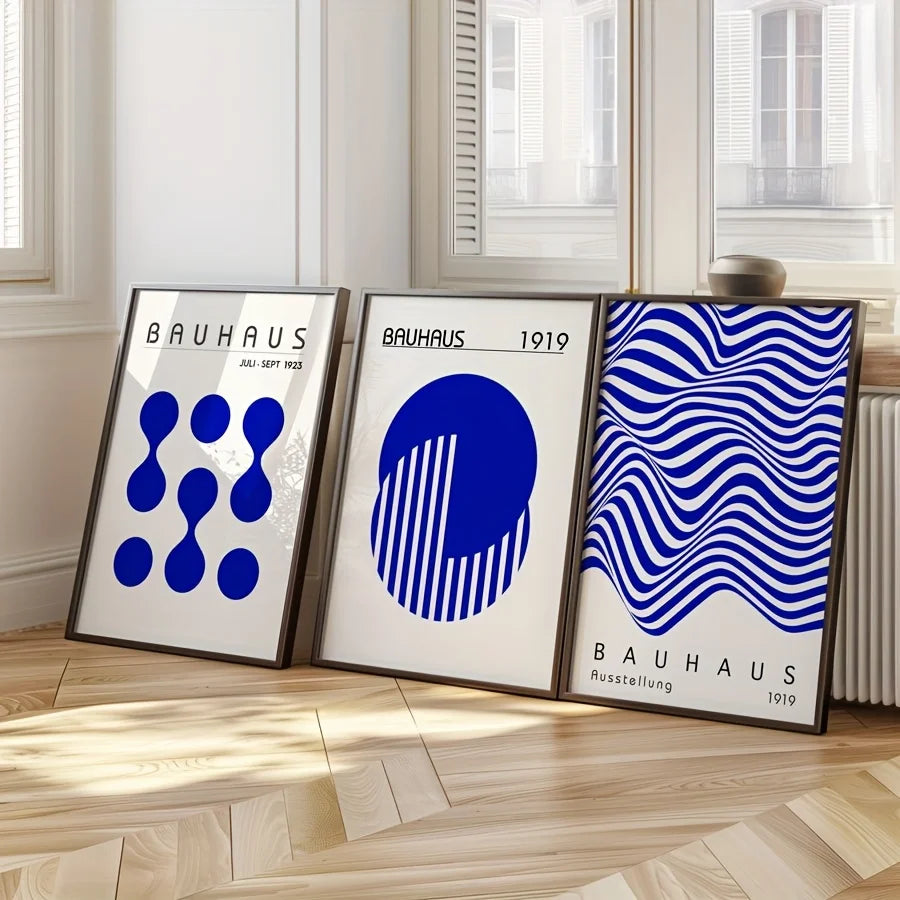 Set de 3 affiches en toile BAUHAUS RETRO BLEU